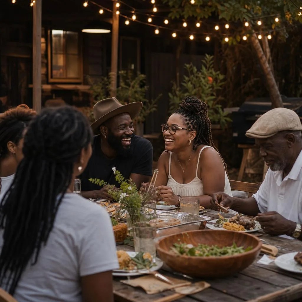 Family and friends sharing a backyard cookout