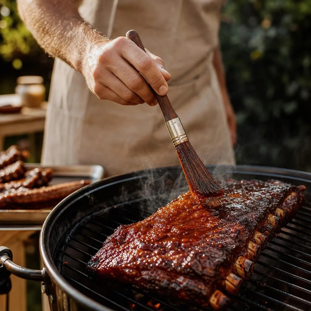 Glossy BBQ sauce brushed onto ribs on a grill