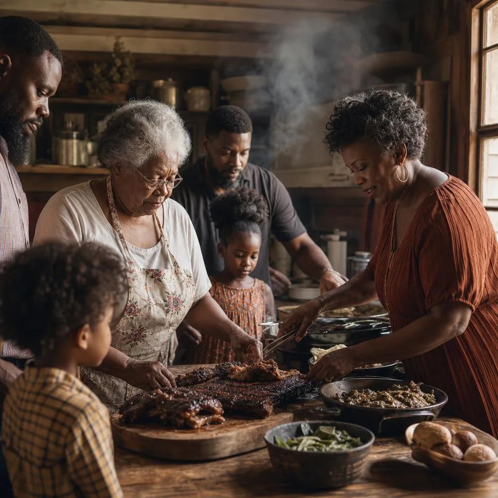 A multigenerational family preparing barbecue together in the kitchen