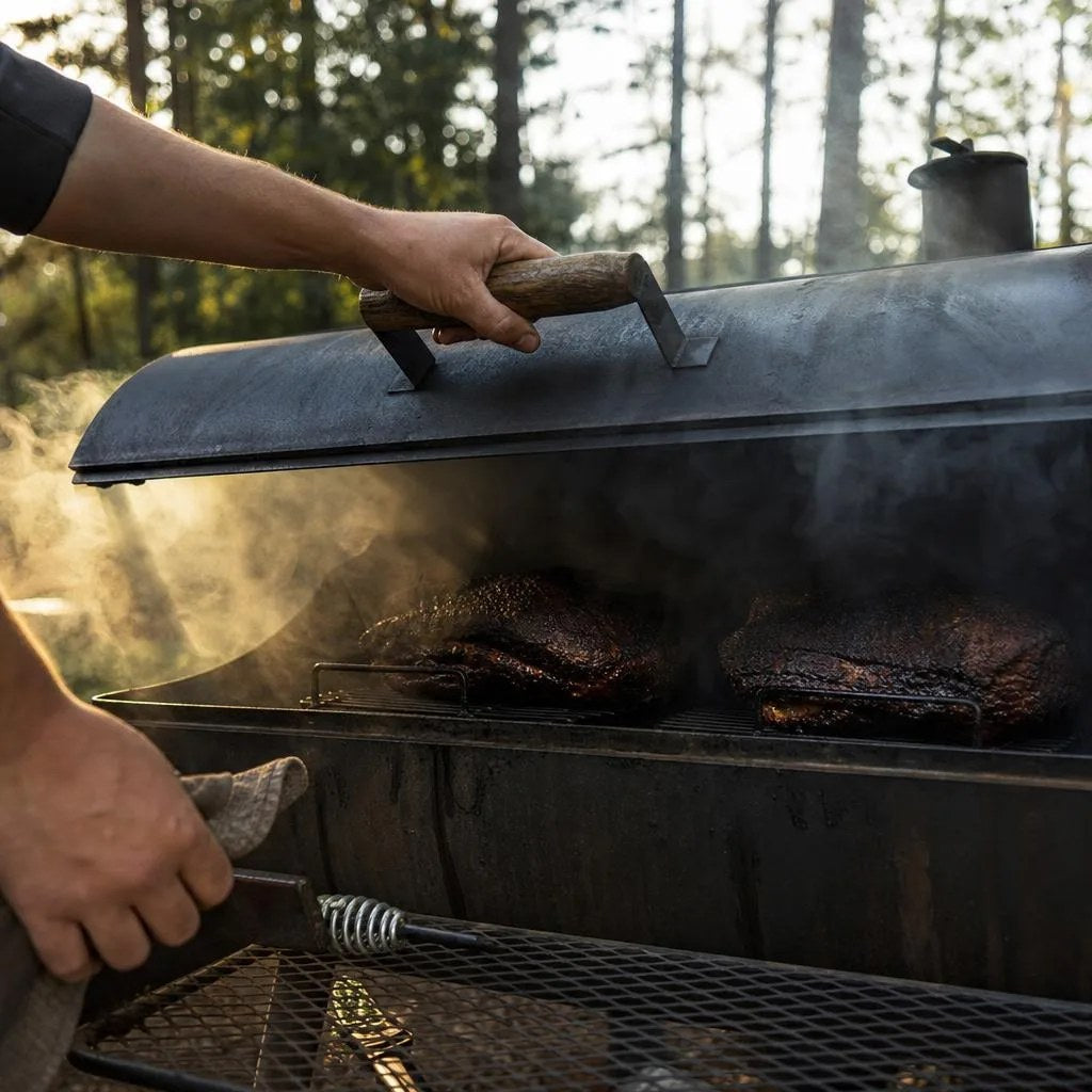 A backyard smoker being opened at golden hour